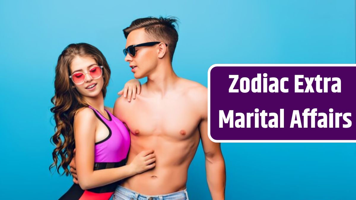 Young couple of hot guy with a bare torso hugging pretty girl with long curly hair in swimsuit on blue background in studio. They wear sunglasses and he holds pink mattress.