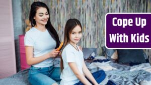 Older sister preparing little to school and combing her hair in bedroom with hairbrush