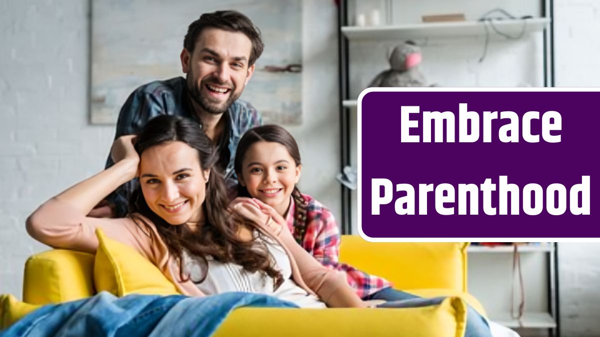 Happy family sitting on couch in living room