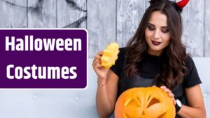 Adult evil woman holding carved pumpkin