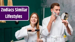 Couple in bathrobes shaving and straightening hair