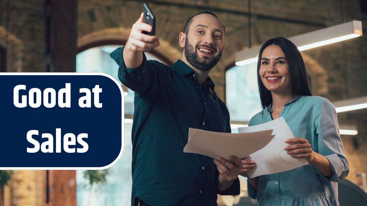 Mirthful young man and woman holding sheets of paper and smiling. Man with smartphone pointing into the distance