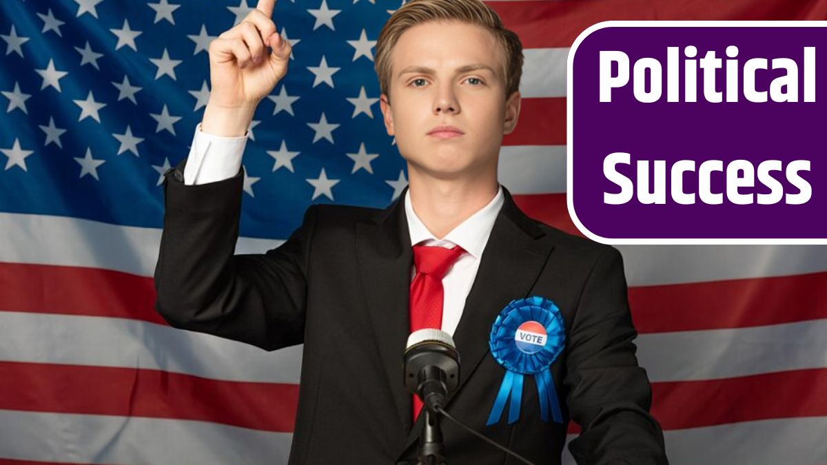 Confident man with raised hand on tribune on american flag background