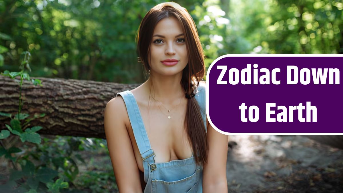 Young woman in jeans overalls standing under tree in woodland.close-up